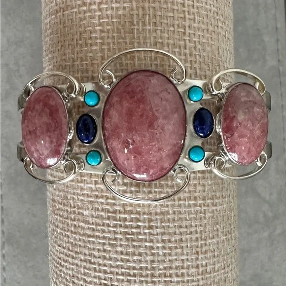 Rhodochrosite with small turquoise & lapis accents sterling silver cuff - Picture 2 of 10